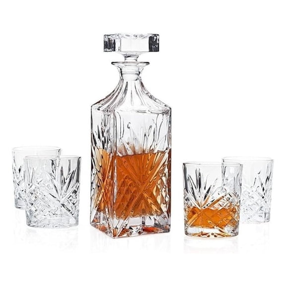 Barware Set, Liquor Decanter, 4 Double Old Fashioned Glasses & Tray, Drinkware & Glassware, 6 Piece Set, Shannon Collection