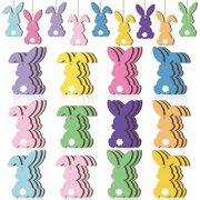 Barydat 36 Pcs Easter Bunny Tree Ornaments Easter Wooden Hanging Decor 12 Color Rabbit Embellishments for Tree Wood Bunny Tags Rabbit Shape Cutouts with String for Party Wall Gift