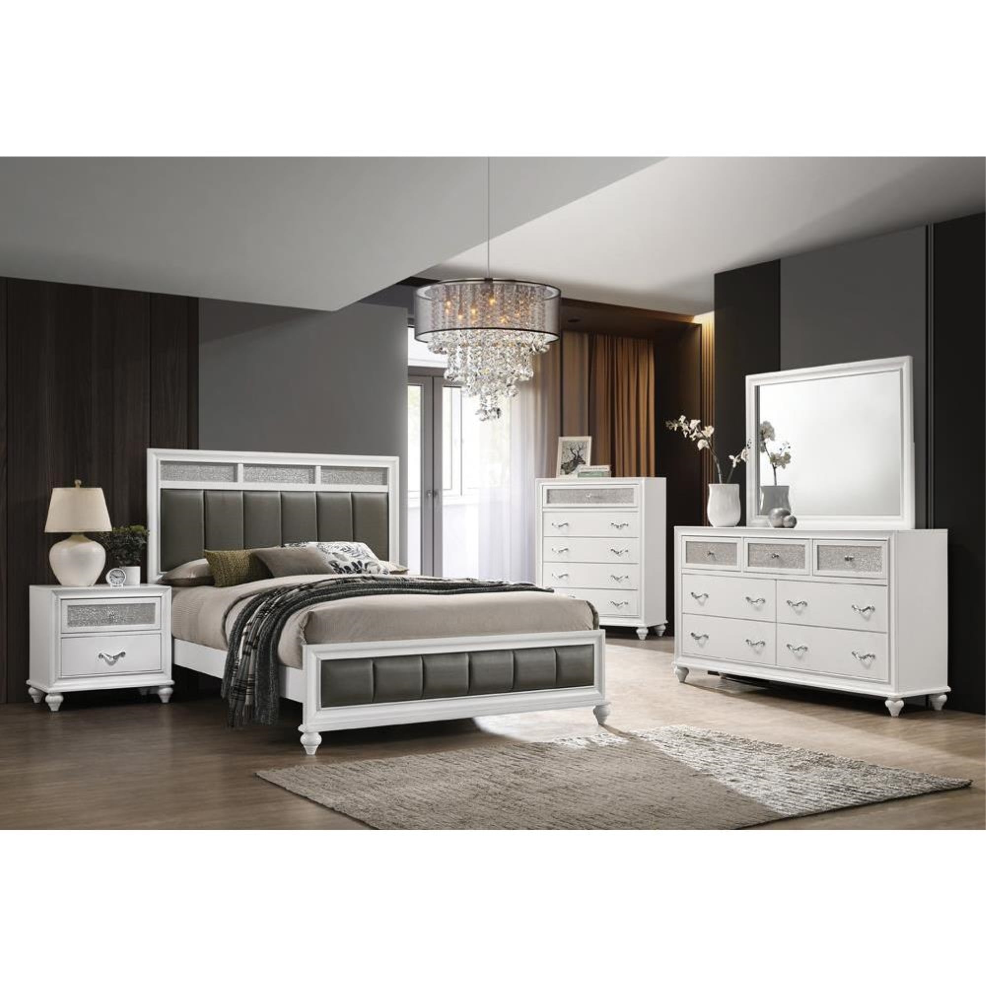 White 5-Piece Queen Bedroom Set with Metallic Leatherette Upholstery
