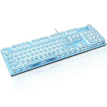 Basaltech Blue Mechanical Gaming Keyboard, Retro Steampunk Vintage Typewriter-Style Keyboard with LED Backlit, 104-Key Anti-Ghosting Blue Switch Wired USB Metal Panel Round Keycaps