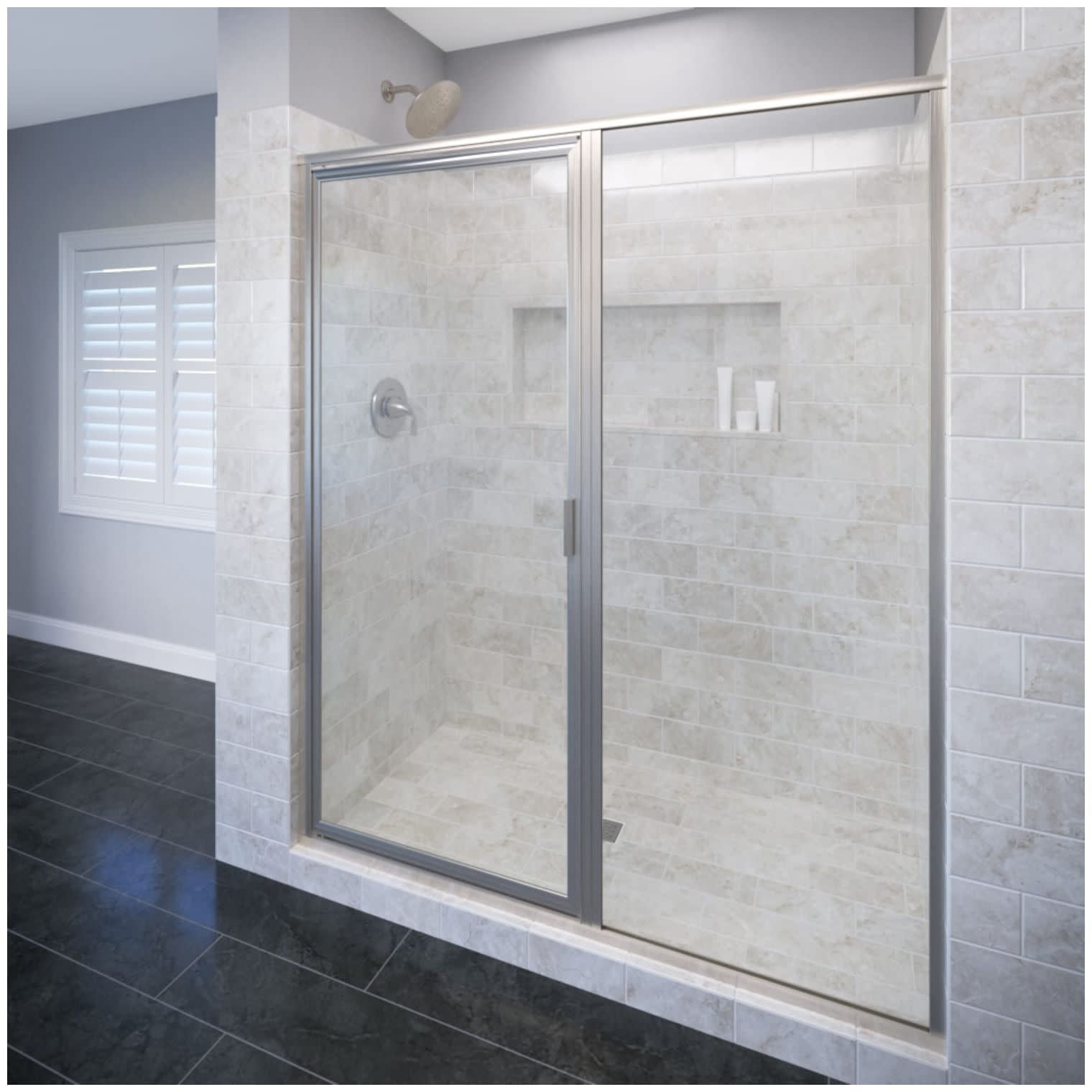 Deluxe Brushed Nickel Framed Hinged Shower Door with Clear Glass