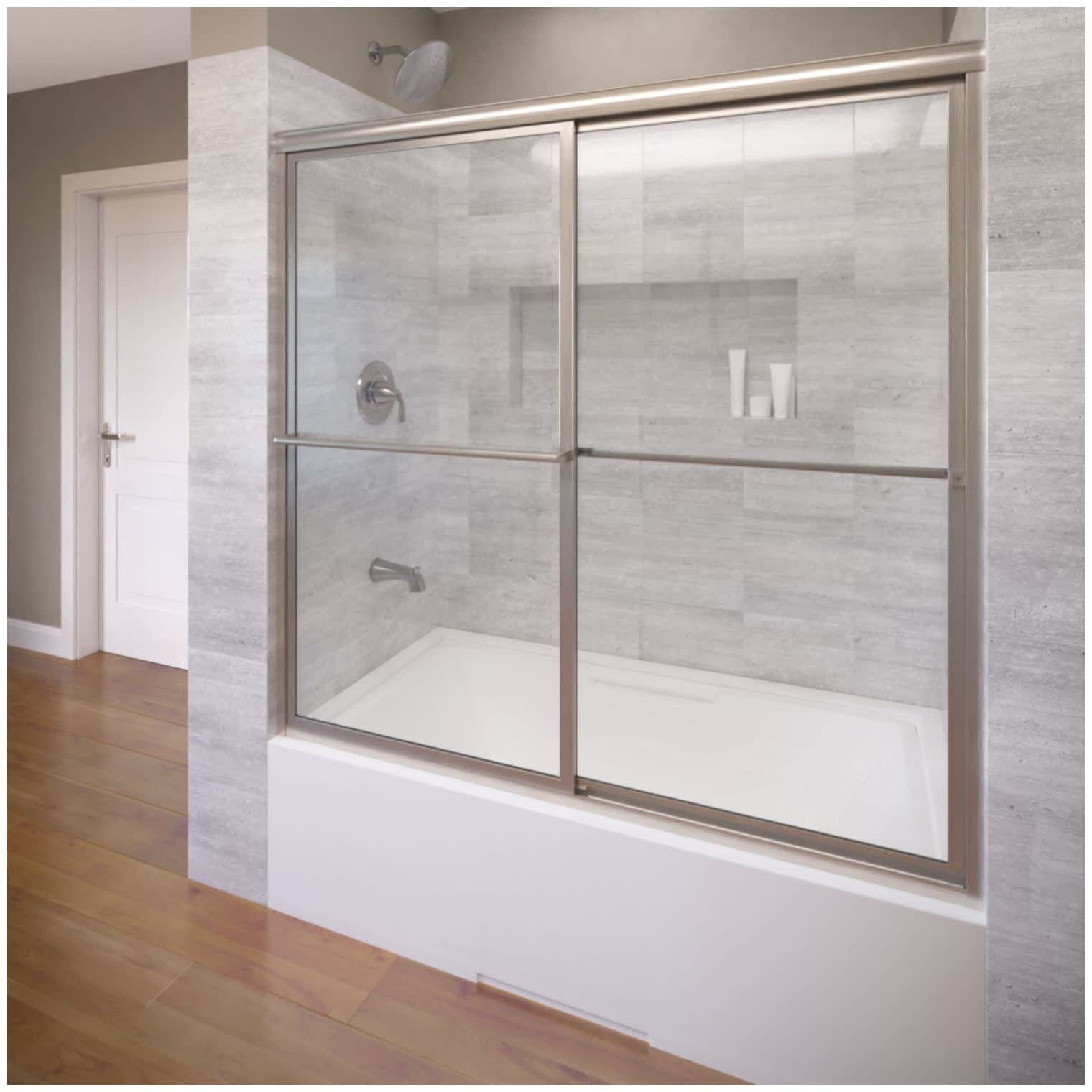 Brushed Nickel and Clear Glass Sliding Tub Door, 59" Wide