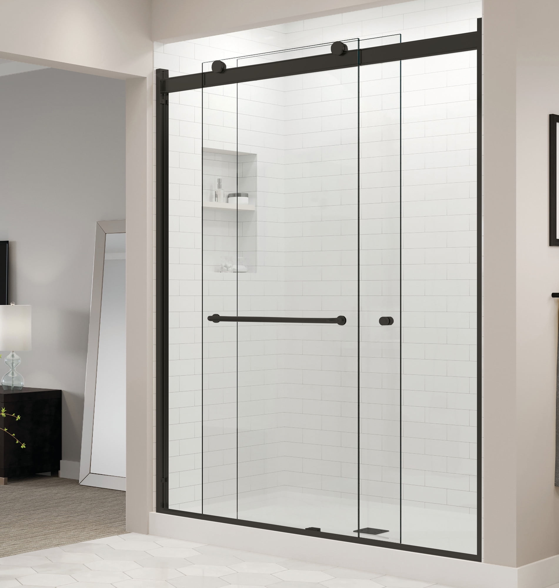 Matte Black Semi-Frameless Sliding Shower Door with Clear Glass Panels