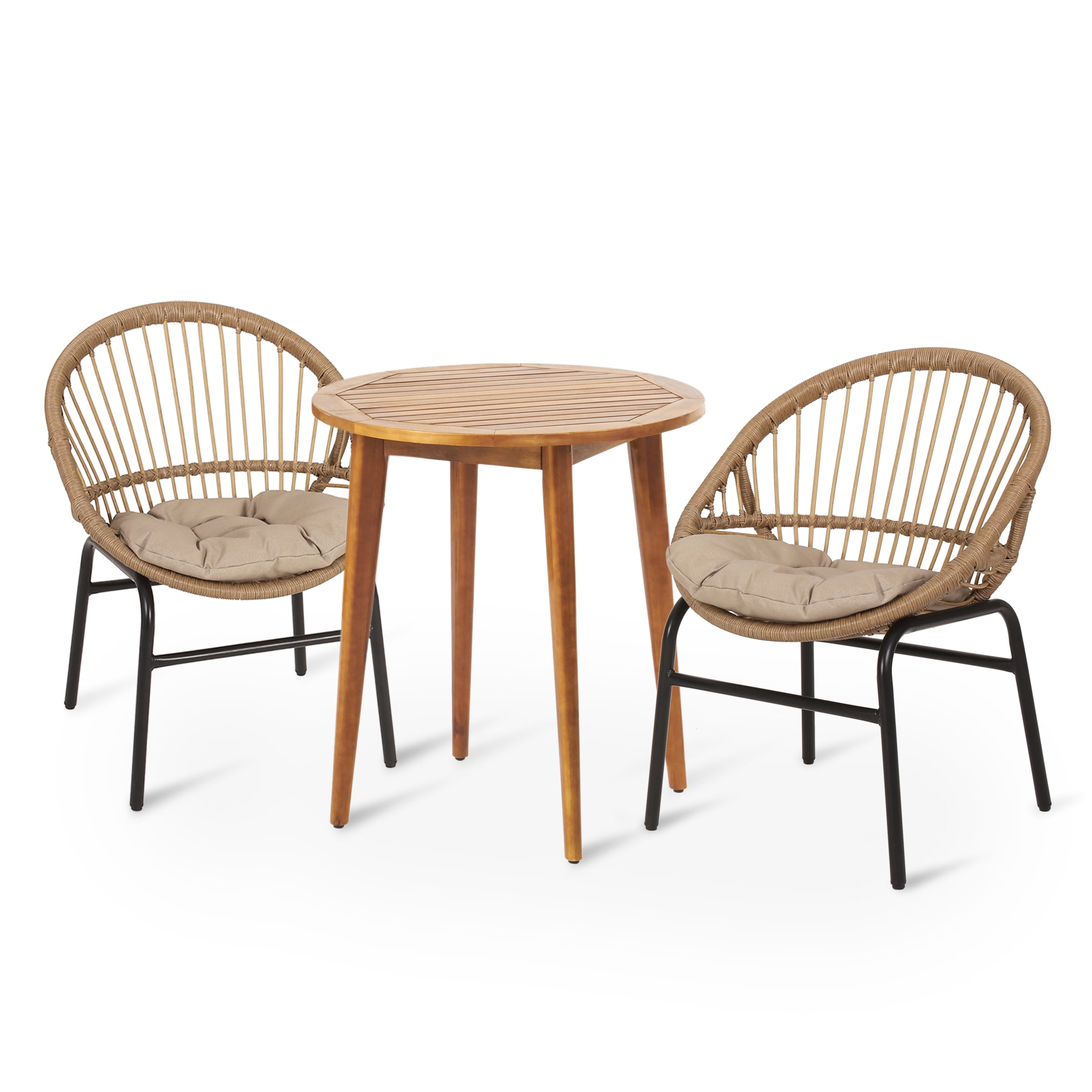 Bascom Wicker and Acacia Wood Outdoor 3-Piece Bistro Set with Cushion, Light Brown, Beige, and Teak