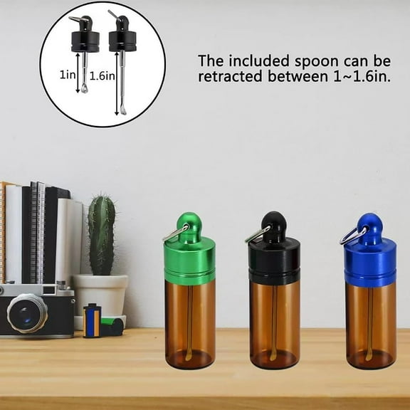 Basdi Keychain Container, Portable Mini Glass Container Keychain - Compact Spoons & Pocket Case, Travel-Friendly Storage Box, Miniature Portable Bottle Solution, Mini Storage Bottle, Black