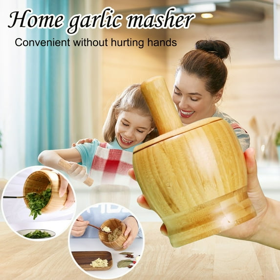 Basdi Mortar and Pestle, Bamboo Mortar and Pestle - Covered Garlic Press and Grinder Bowl | Natural Material, Non-Slip Base, Perfect for Crushing Herbs and Spices, Covered Grinder Bowl, A