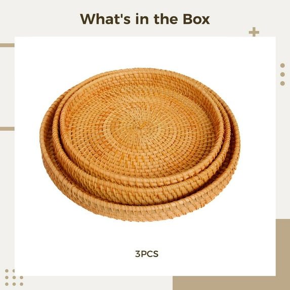 Basdi Rattan Serving Tray, Handwoven Round Rattan Tray - Decorative Coffee Table Organizer, Multipurpose Bread Serving Basket for Living Room & Ottoman, Woven Bread Basket, H