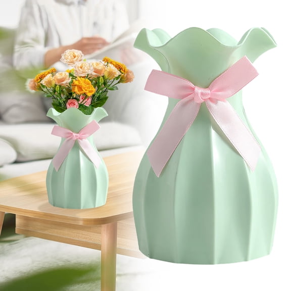 Basdi Shatterproof Plastic Lotus Leaf Vase - Modern Flower Container for Dried Arrangements - Scratchproof with Bow Decoration - Elegant Home Decor, Shatterproof Flower Vase, Green