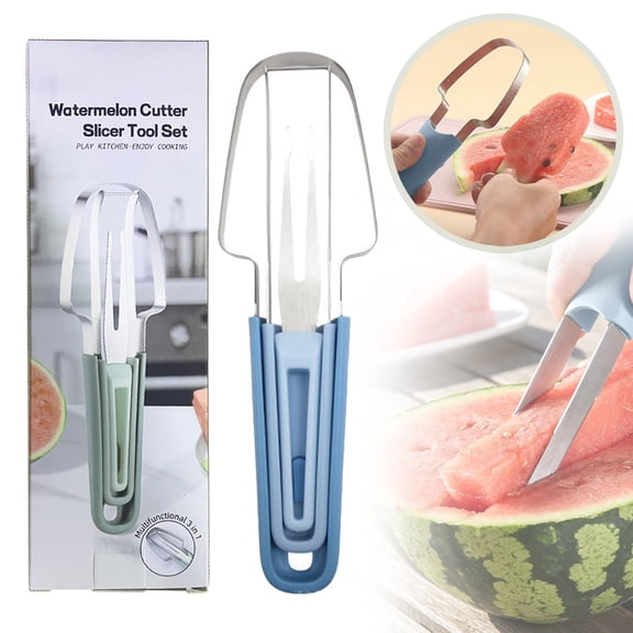 Basdi Watermelon Cutter, Watermelon Fork Slicer Cutter, Upgraded 3-In-1 Stainless Steel Summer Watermelon Cutting Tool, Multi-Melon Fruit Forks Slicer Cutter for Party Camping & Kitchen, Blue