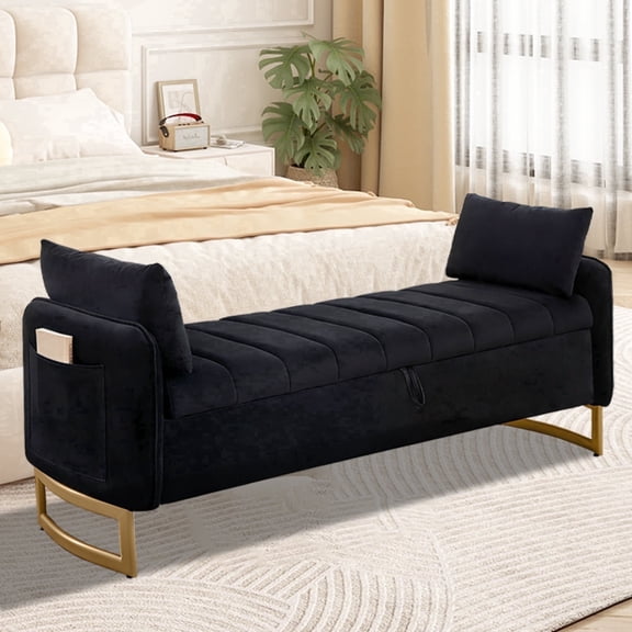 BaseBeauty 66" Storage Bench for Bedroom, End of Bed Bench with Gold Legs, Black Bench for Bedroom with 2 Pillows, Velvet