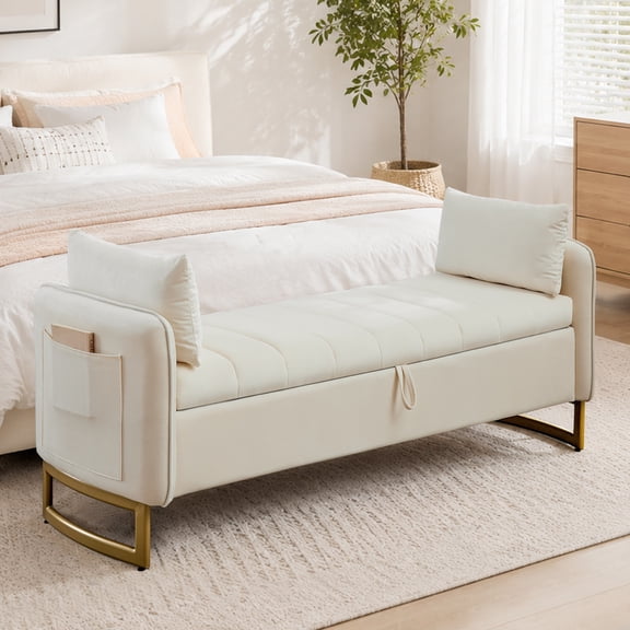 BaseBeauty 66" Storage Bench for Bedroom, King Size End of Bed Bench with Gold Legs and Pillows, Tufted Upholstered Storage Bench, Velvet Cream