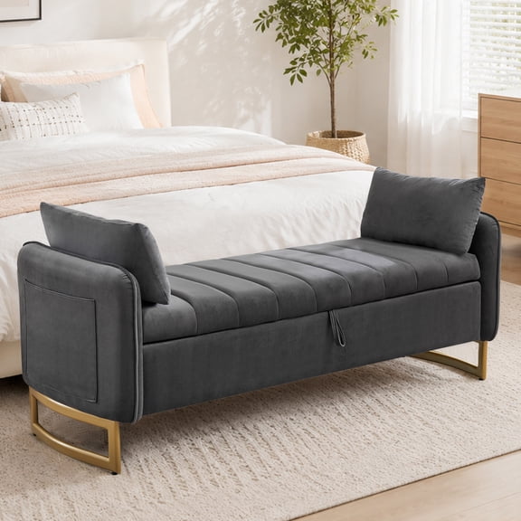 BaseBeauty 66" Storage Bench for Bedroom, End of Bed Bench with Arms, Velvet Upholstered Storage Bench with Side Pocket, Dark Gray