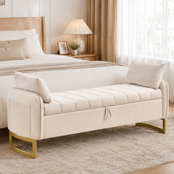 BaseBeauty 66" Storage Bench for Bedroom, End of Bed Bench with 2 Pillows, Velvet Bench for Bedroom with Gold Legs, Beige