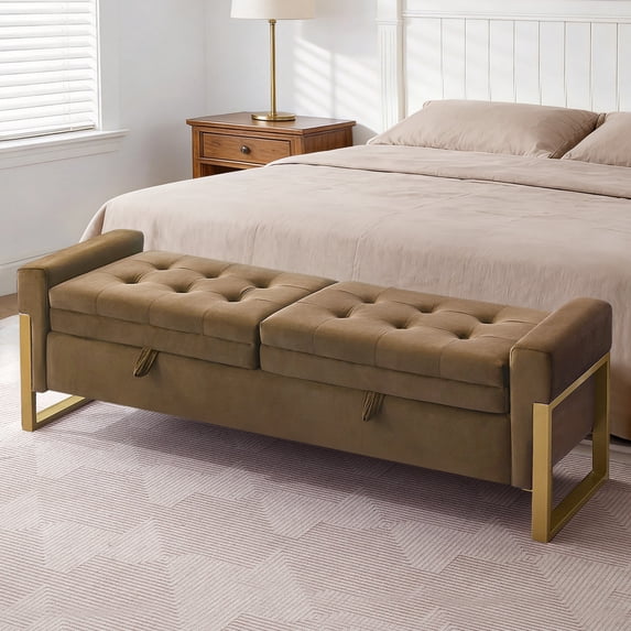 BaseBeauty 67" Storage Bench for Bedroom, End of Bed Bench with Double Lids, Velvet Bench for Bedroom with Gold Legs, Brown