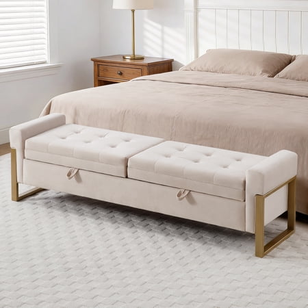 BaseBeauty 67" Storage Bench for Bedroom, End of Bed Bench with Double Lids, Upholstered Storage Bench with Golden Metal Legs, Velvet Beige