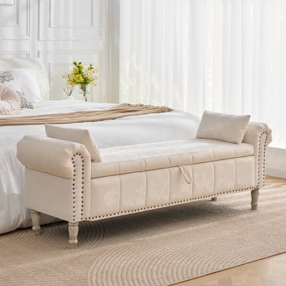 BaseBeauty 67" Storage Bench for Bedroom End of Bed Bench, Linen Large Storage Bench for Bedroom, Entryway, Beige
