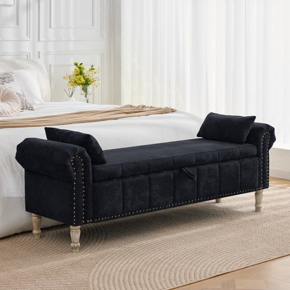 BaseBeauty 67" Storage Bench for Bedroom End of Bed Bench, Linen Large Storage Ottoman Bench for Entryway, Black