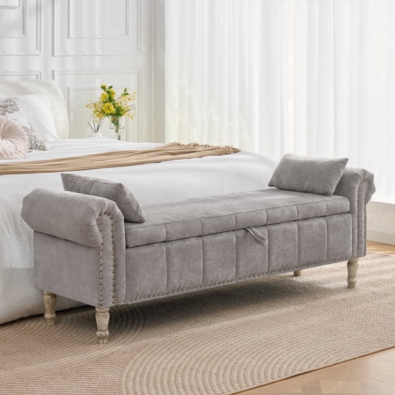 BaseBeauty 67" Storage Bench with Arms, Upholstered End of Bed Bench, Linen Large Storage Ottoman Bench for Bedroom, Entryway, Gray
