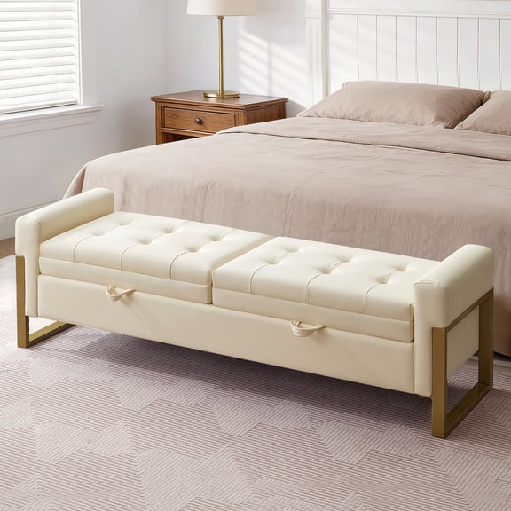 BaseBeauty 67" Storage Bench for King Size Bed, Double Lids Storage Bench for Bedroom, PU End of Bed Bench with Golden Legs, Beige