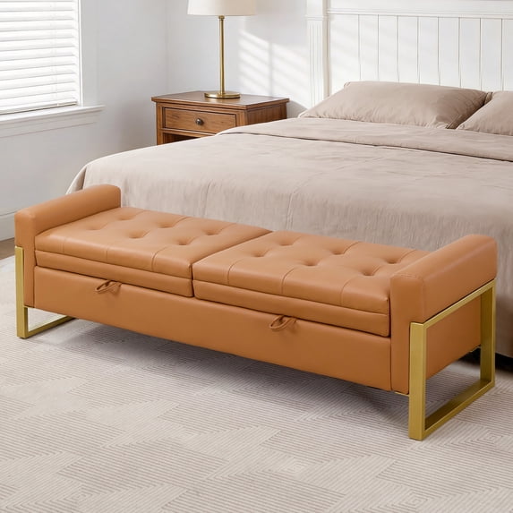 BaseBeauty 67" King Size End of Bed Storage Bench, Double Lids Storage Bench for Bedroom, Faux Leather Upholstered Storage Bench with Golden Legs, Brown