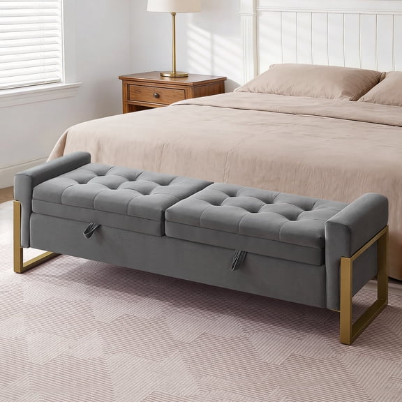 BaseBeauty 67" Storage Bench for Bedroom, End of Bed Bench with Double Lids, Velvet Bench for Bedroom with Gold Legs, Dark Gray