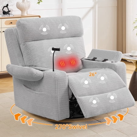 26" Dual Motor Power Swivel Rocker Recliner with Massage & Heat, Nursery Recliner Glider Chair with Adjustable Headrest, Swivel Glider Recliner with Cup Holder and Armrest Storage, Gray