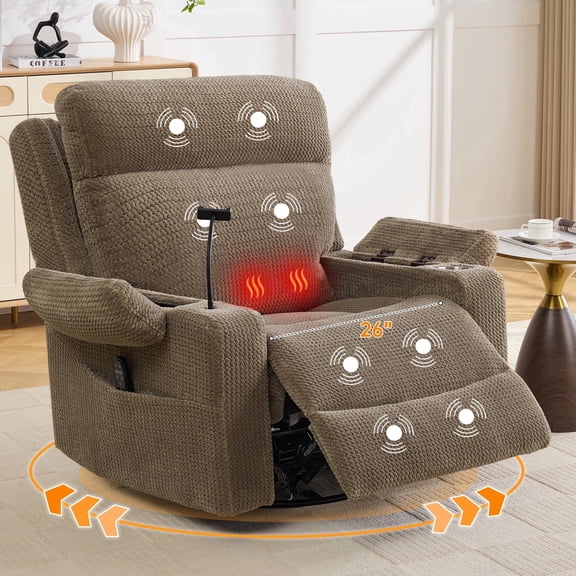 BaseBeauty Oversized Power Swivel Rocker Recliner with Adjustable Headrest, Dual Motor Nursery Recliner Glider Chair with Massage & Heat, Swivel Glider Recliner with Cup Holder and