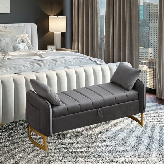 BaseBeauty End of Bed Storage Bench, 51" Velvet Queen Size Storage Ottoman Bench with Golden Legs and Two Pillows for Bedroom Entryway, Dark Gray