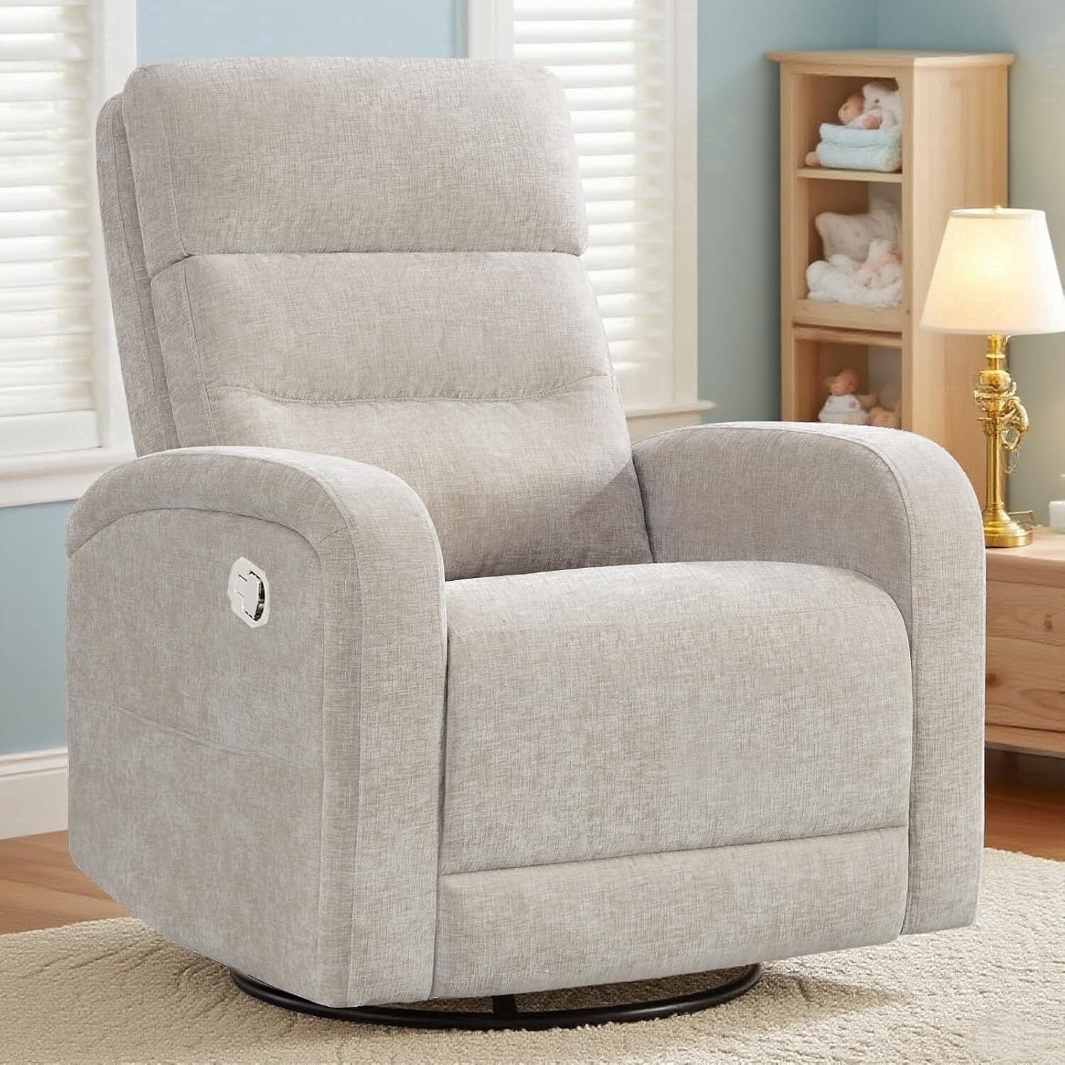 BaseBeauty Swivel Rocker Recliner, Chenille Swivel Rocker Recliner Manual, Nursery Recliner Glider Chair with Double Pockets, Camel