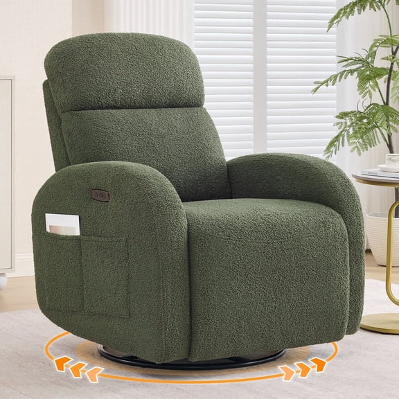 BaseBeauty Power Swivel Rocker Recliner, Swivel Glider Recliner with Type-C & USB Port, Nursery Recliner Glider Chair with Double Pockets, Teddy Green