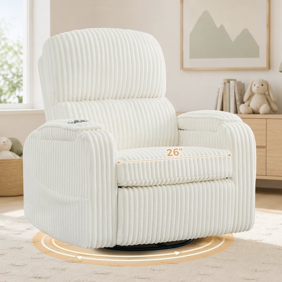 BaseBeauty 26" Power Swivel Rocker Recliner, Oversized Swivel Glider Recliner with Adjustable Headrest, Nursery Glider Recliner with Cup Holders and Storage, White