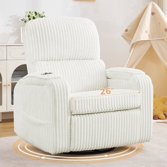 BaseBeauty 26" Power Swivel Rocker Recliner, Oversized Swivel Glider Recliner with Adjustable Headrest, Nursery Glider Recliner with Cup Holders and Storage, White