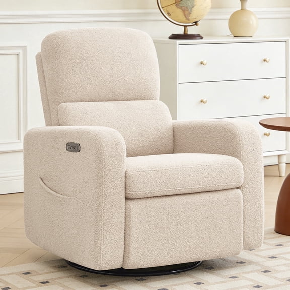 BaseBeauty Power Swivel Rocker Recliner, Nursery Recliner Glider Chair with Removable Cushion, Swivel Glider Recliner with Double Pockets, Teddy Beige