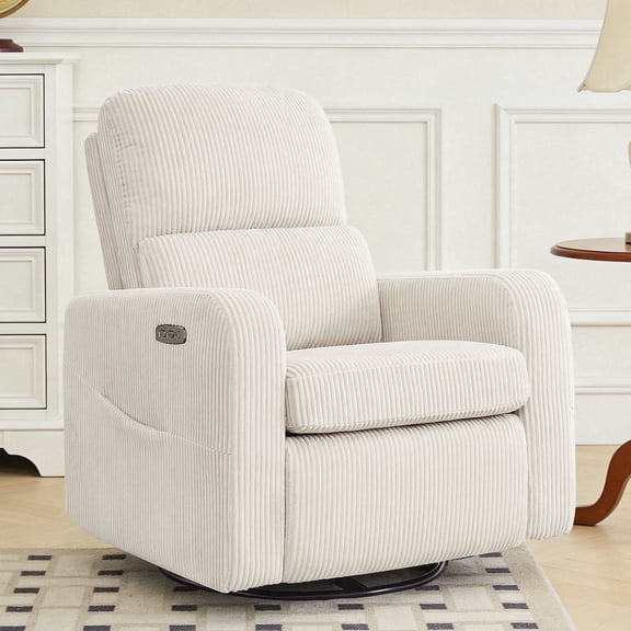 BaseBeauty Power Swivel Rocker Recliner, Nursery Recliner Glider Chair with Removable Cushion, Swivel Glider Recliner with Double Pockets, Corduroy White