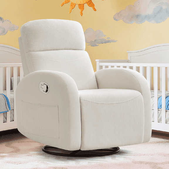 Base Beauty Swivel Recliner Rocker Nursery, Chenille Nursering Glider Recliner, Manual Swivel Rocking Reclining with Double Pockets, Cream White