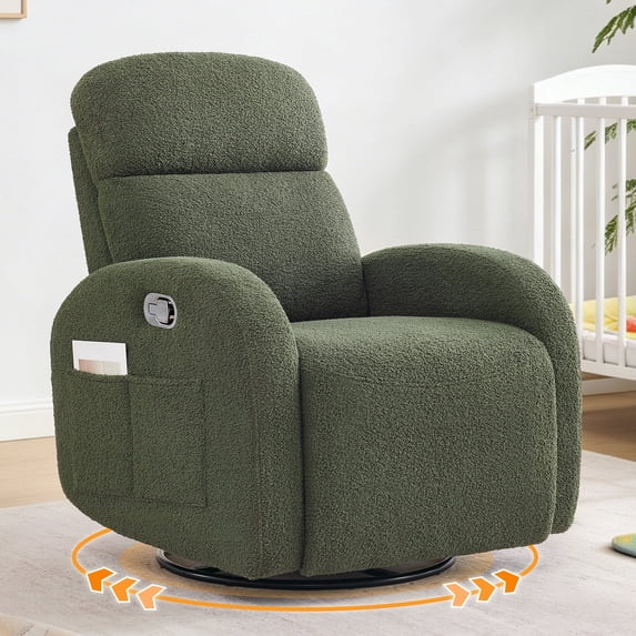 Base Beauty Swivel Recliner Rocker Nursery, Teddy Nursering Glider Recliner, Manual Swivel Rocking Reclining with Double Pockets, Green