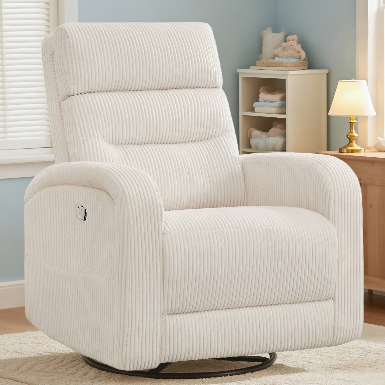 BaseBeauty Swivel Rocker Recliner Manual, Corduroy Nursery Recliner Glider Chair, Swivel Glider Recliner with Double Pockets, White