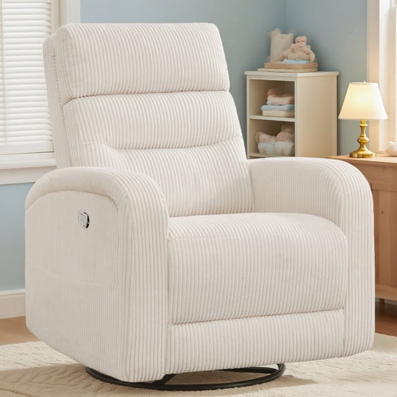BaseBeauty Swivel Rocker Recliner Manual, Corduroy Nursery Recliner Glider Chair, Swivel Glider Recliner with Double Pockets, White