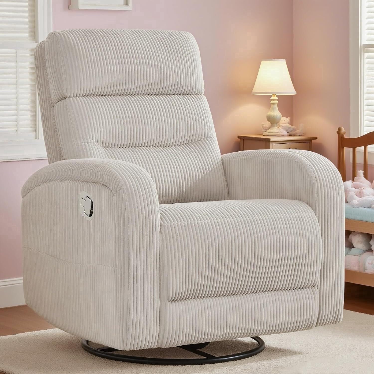 BaseBeauty Swivel Glider Recliner, Corduroy Swivel Rocker Recliner Manual, Rocking Chair for Nursery with Double Pockets, Camel
