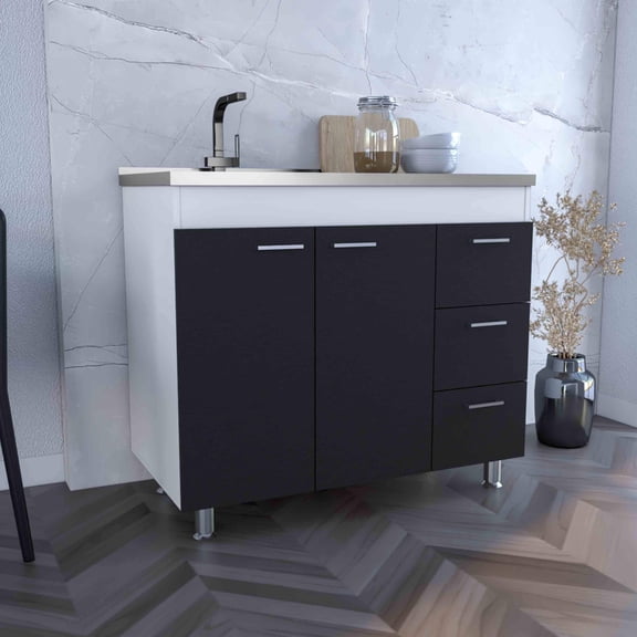 Base Double Door Cabinet, Three Drawers, White / Black