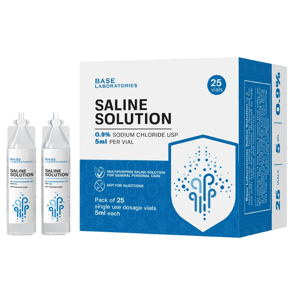 Base Laboratories 0.9% Saline Solution Vials, Preservative-Free USP Grade Single-Use Ampoules, 5 mL, 25 Count