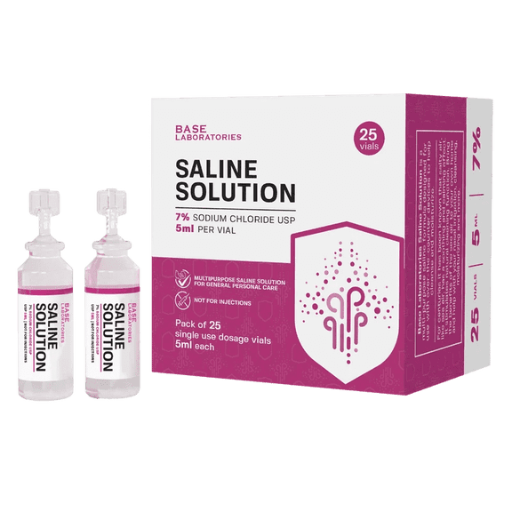 Base Laboratories 7% Sodium Chloride Saline Solution Vials, Preservative-Free, USP Grade, Single-Use 5 mL Ampoules, 25 Count