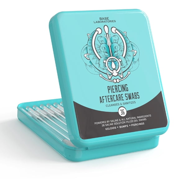 Base Laboratories Piercing Aftercare Gel Swabs, Saline Piercing Cleaner for Ear, Nose & Body Piercings, Aloe Vera & Tea Tree Oil, 36 Count