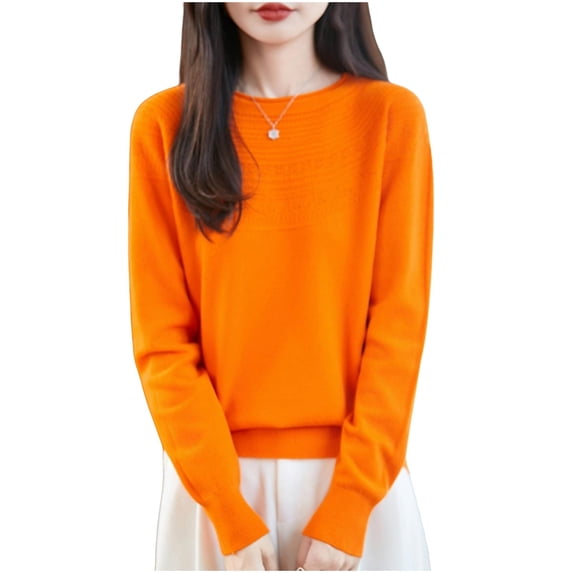 Base Layer Tops For Women Knitted Crew Neck Long Sleeve Ribbed Pullover Casual Loose Fall Winter Trendy Blouse (L, Orange-A)