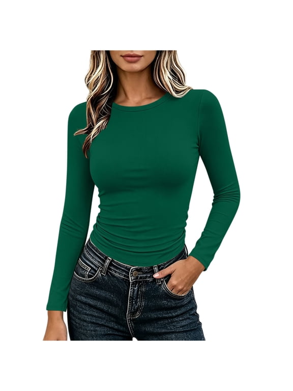 Base Layer Tops for Women Long Sleeve Crew Neck Side Pleated Tunic Blouse Fleece Lined Warm Comfy Soft Shirt Slim Fit (XL, Green|Solid)