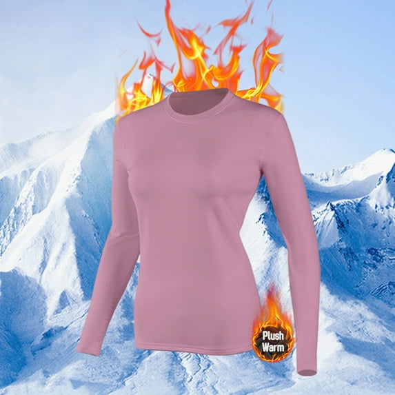 Base Layer for Women Long Sleeve Crewneck Solid Color Thermal Tops for Cold Weather Pink L