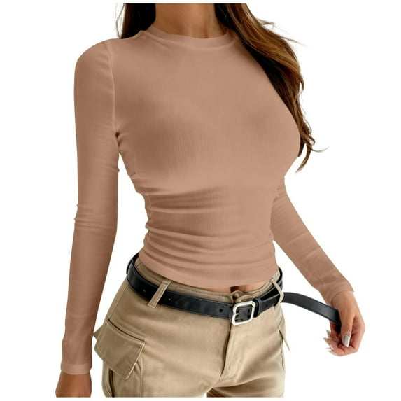 Base Layer for Women Long Sleeve Crewneck Solid Ribbed Knitted Stretchy Slim Pullover Top Khaki L