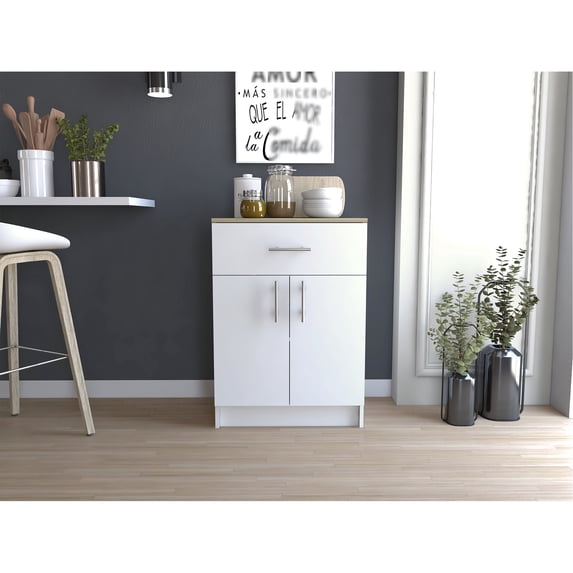 Base Pantry Cabinet - White/ Oak. One Drawer, Two Inner Shelves. 23.6"w X 15.9"d. Stores Pots, Pans, Kitchenware. Made Of Particle Board. Multicolor Oak Cabinet. Accommodates Kitchen Essentials.