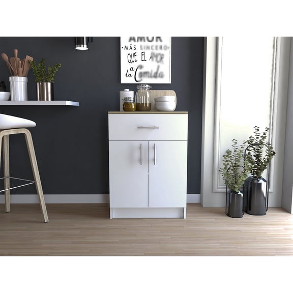 Base Pantry Cabinet - White And Oak. One Drawer, Two Interior Shelves. 23.6"w X 15.9"d. Fits Kitchenware. Particle Board. Multicolor White/ Oak Cabinet. Inner Accommodates Kitchen Essentials.