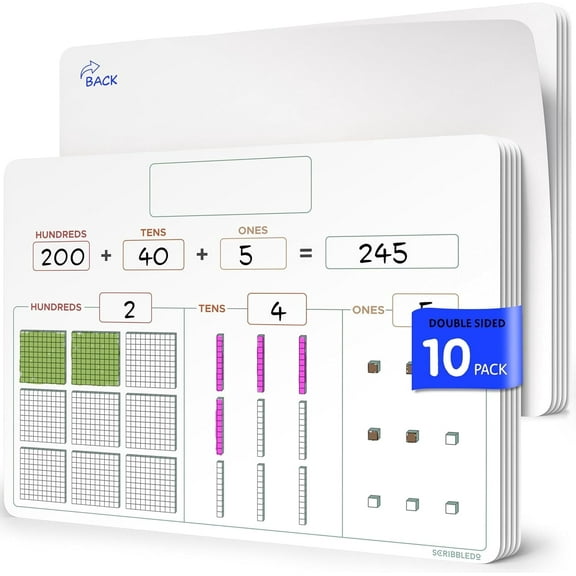 Scribbledo Base Ten Blocks Dry Erase Sheets, Small Whiteboard Math Manipulatives, 9” x 12”, 10-Pack